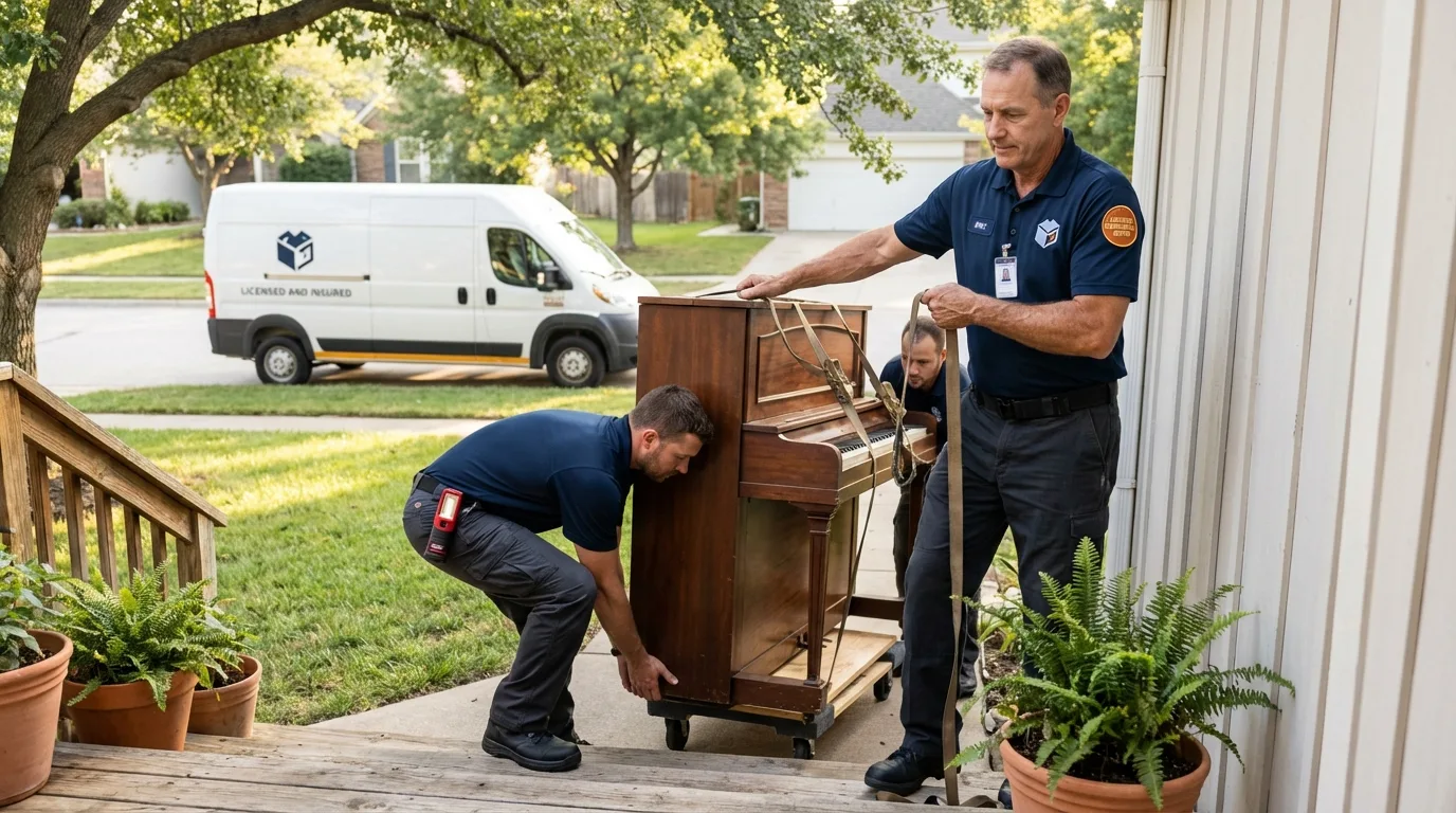 Licensed piano movers securing grand piano in Cape May, NJ