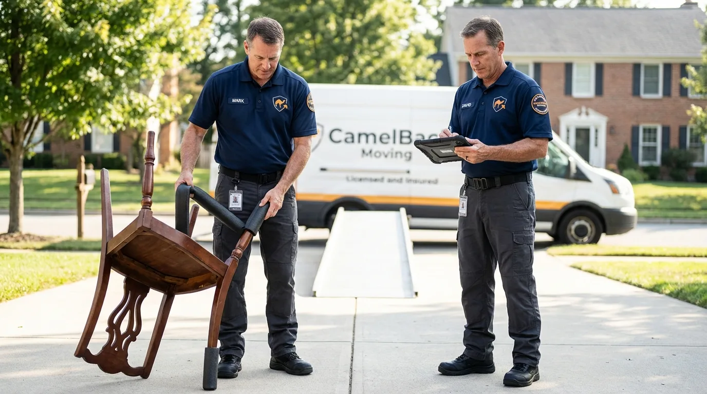 Movers inspecting furniture for damage prevention before loading in Cape May, NJ